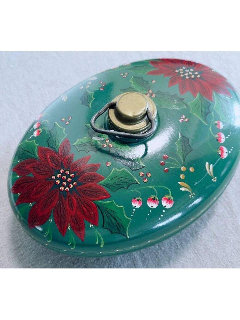 Antique Hand Painte Metal Hot Water Bottle Bed Warmer Poinsettia Christmas Decor